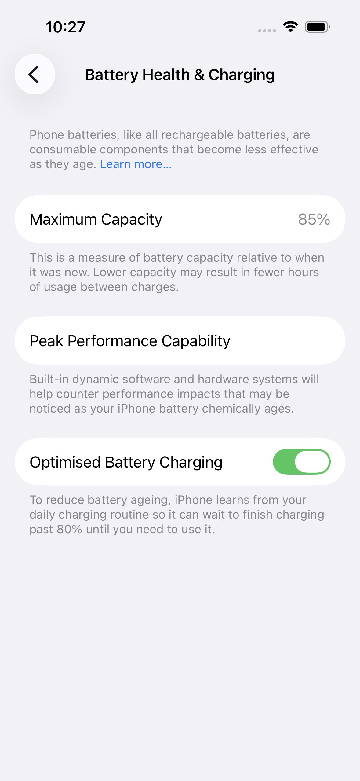 Akumulatora veselība 85%